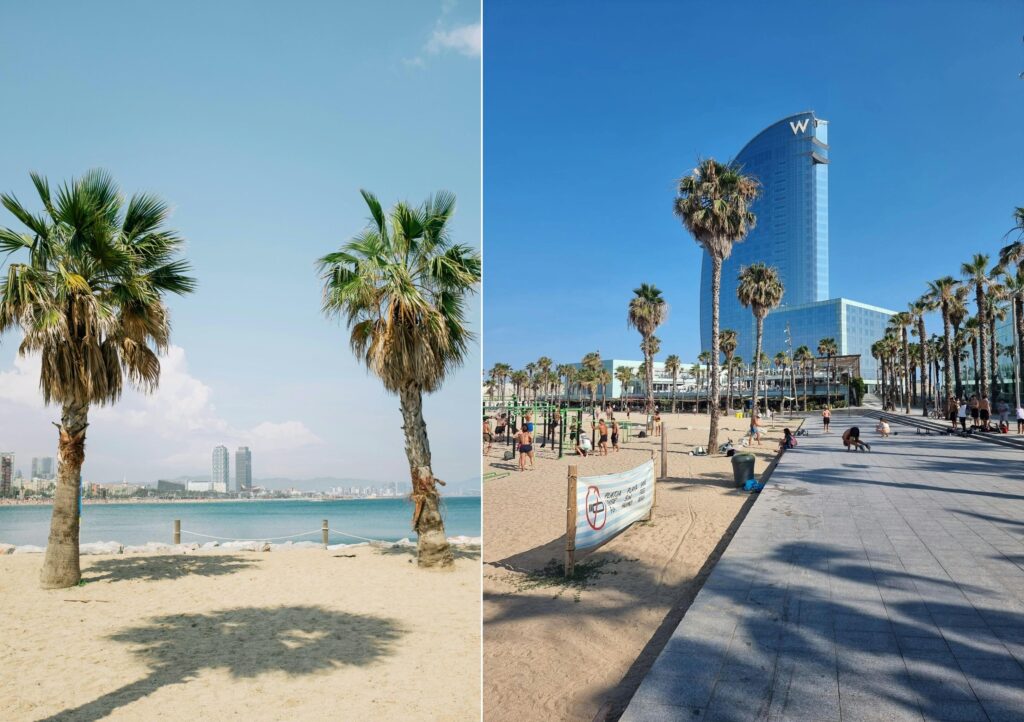 Mosaico da Praia da Barceloneta com palmeiras e vista do Hotel W — Roteiro de 3 dias em Barcelona