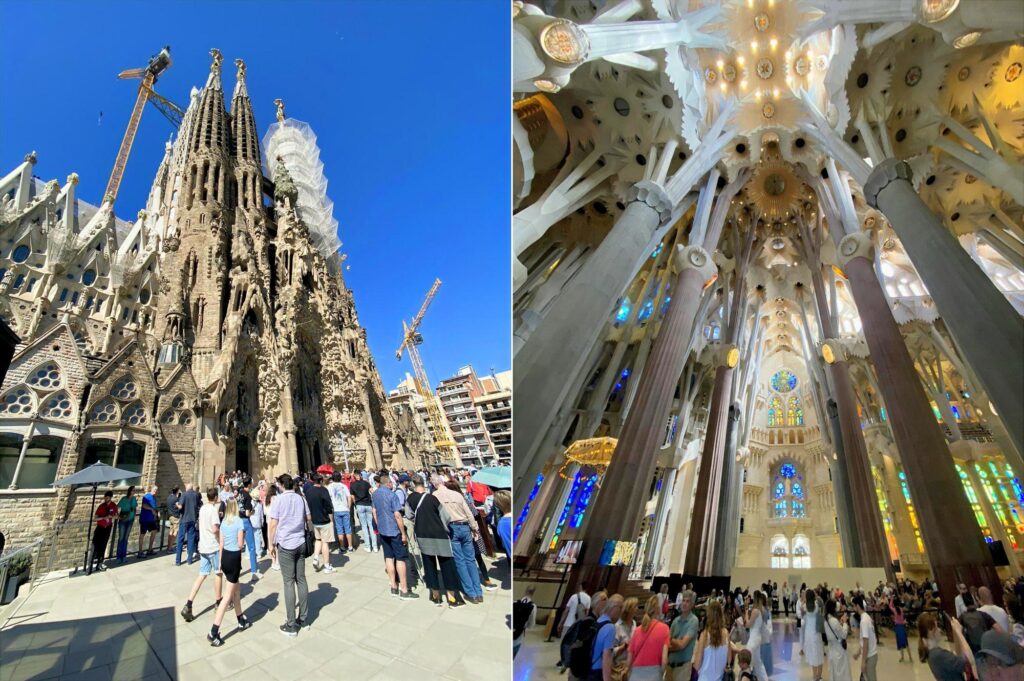 Fachada e interior da Basílica da Sagrada Família durante roteiro de 3 dias em Barcelona, com destaque para a arquitetura detalhada e vitrais coloridos.