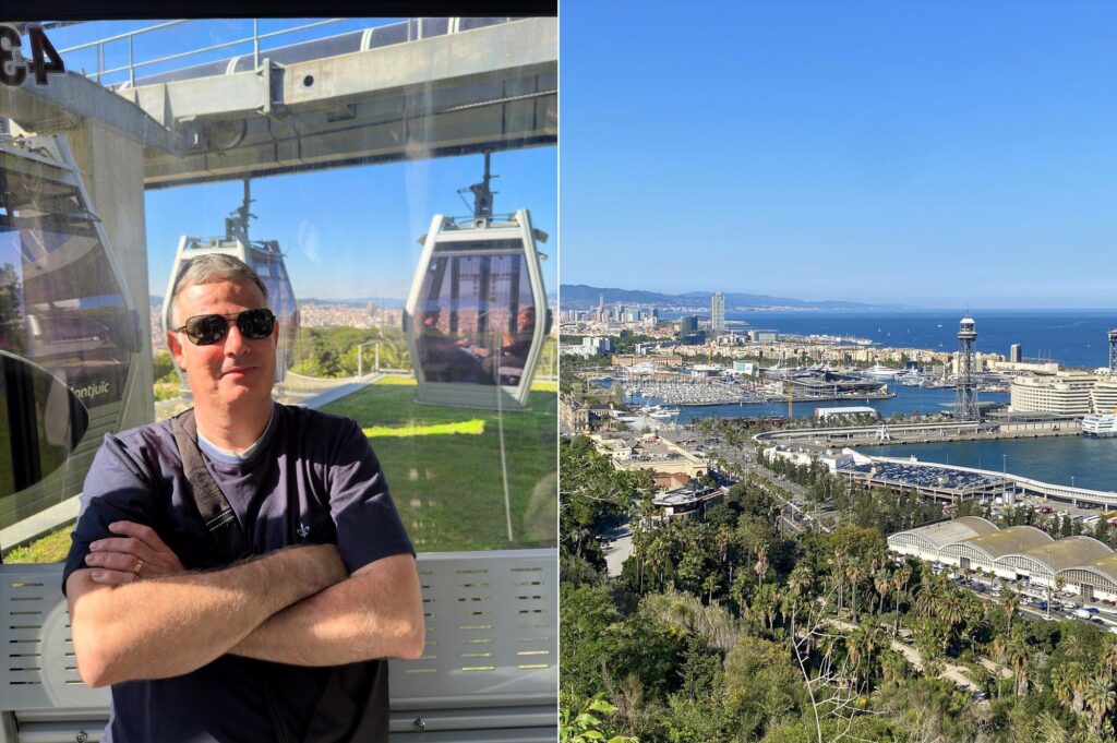 Teleférico e vista panorâmica de Montjuïc durante roteiro de 3 dias em Barcelona, mostrando cabines suspensas e o porto da cidade ao fundo.