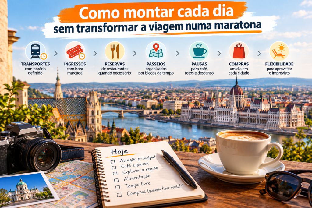 Planejamento diário de viagem com transportes, passeios, pausas, compras e tempo livre