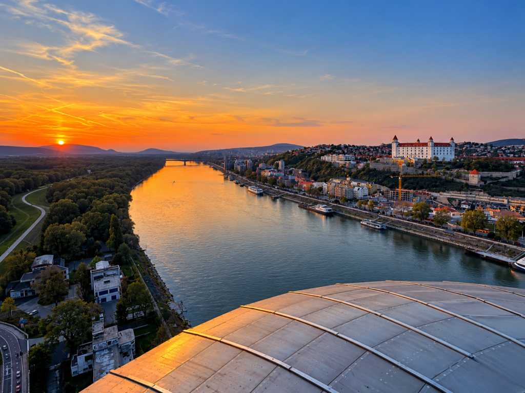 Pôr do sol visto da UFO Tower, com o rio Danúbio e o Castelo de Bratislava